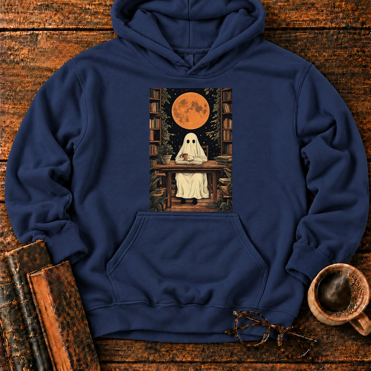 Ghost Reading Moon Library Hoodie in Navy – BooksThreads