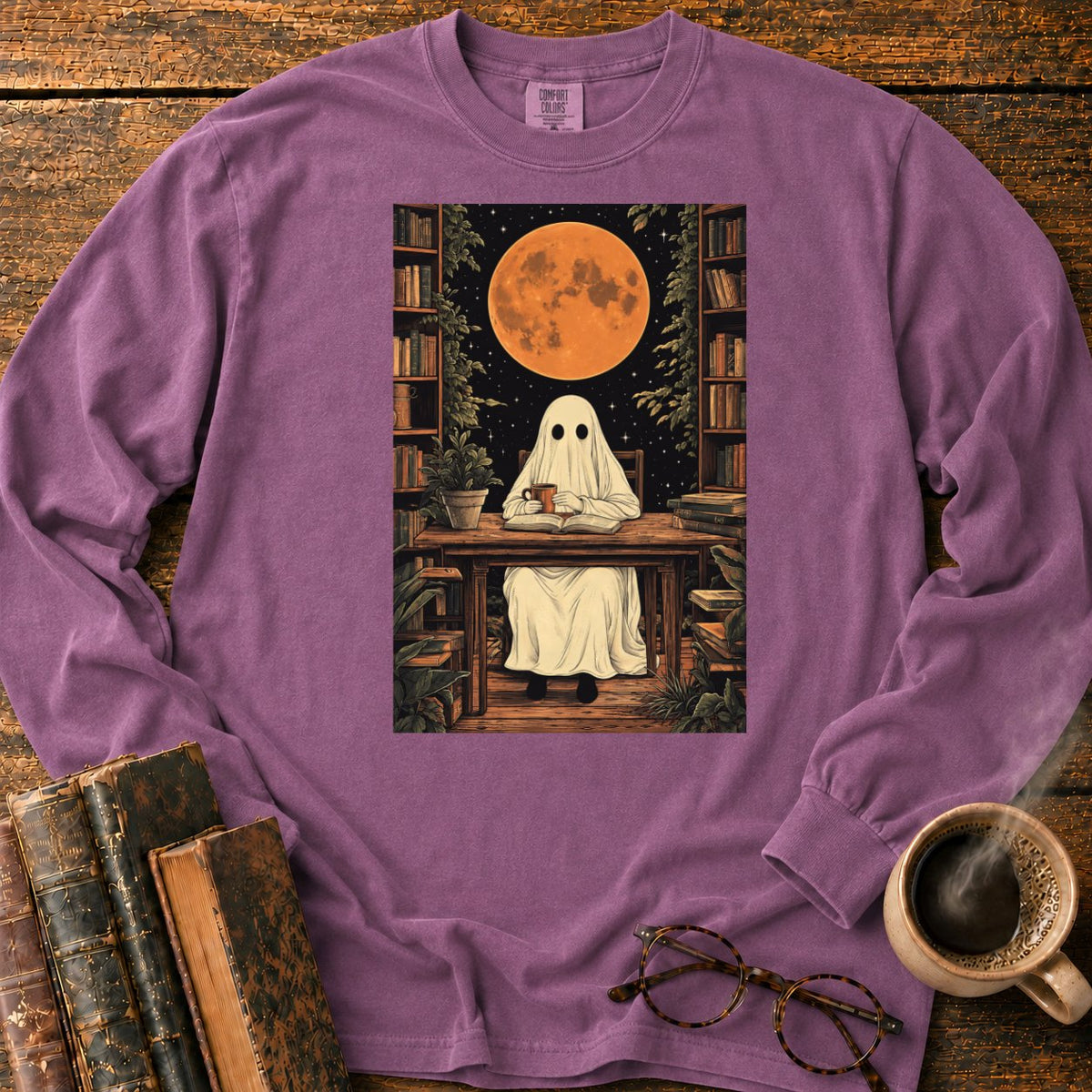 Ghost Reading Moon Library LS T-Shirt in Berry – BooksThreads