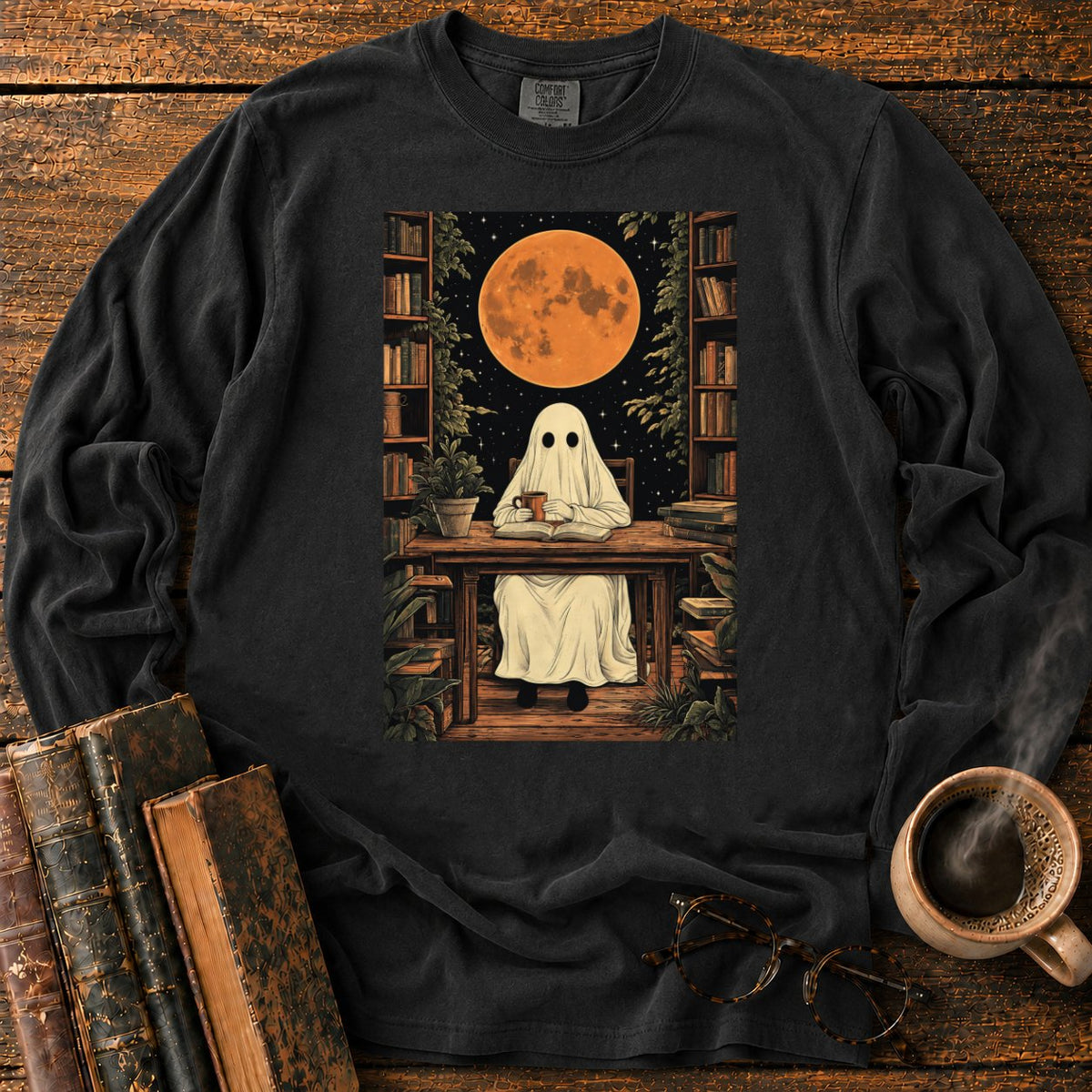 Ghost Reading Moon Library LS T-Shirt in Black – BooksThreads