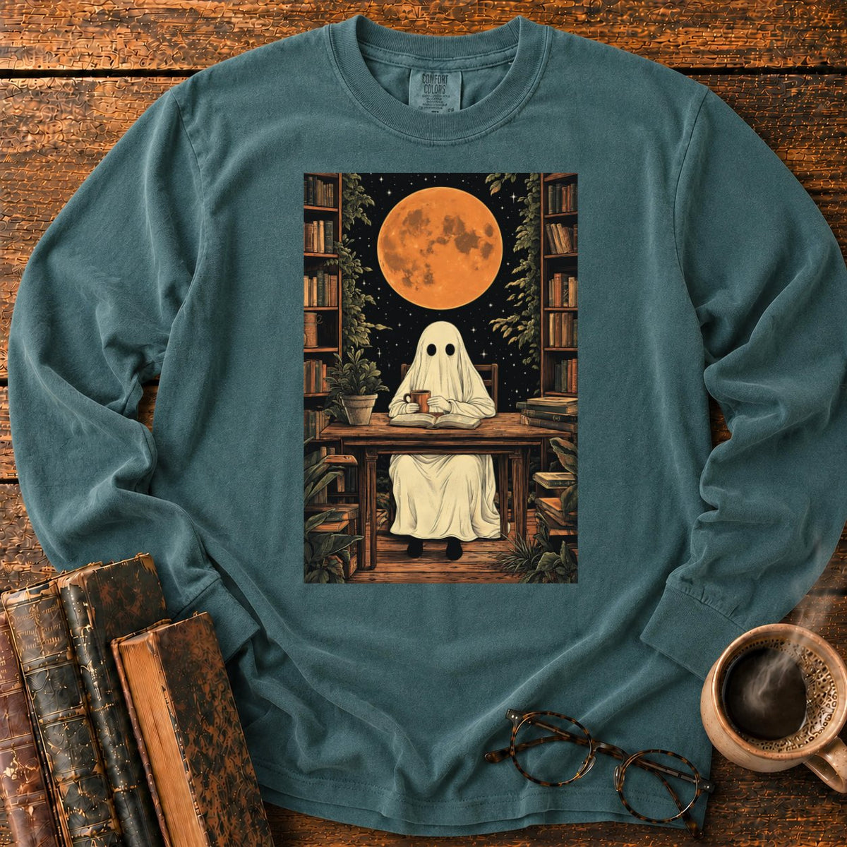 Ghost Reading Moon Library LS T-Shirt in Blue Spruce – BooksThreads