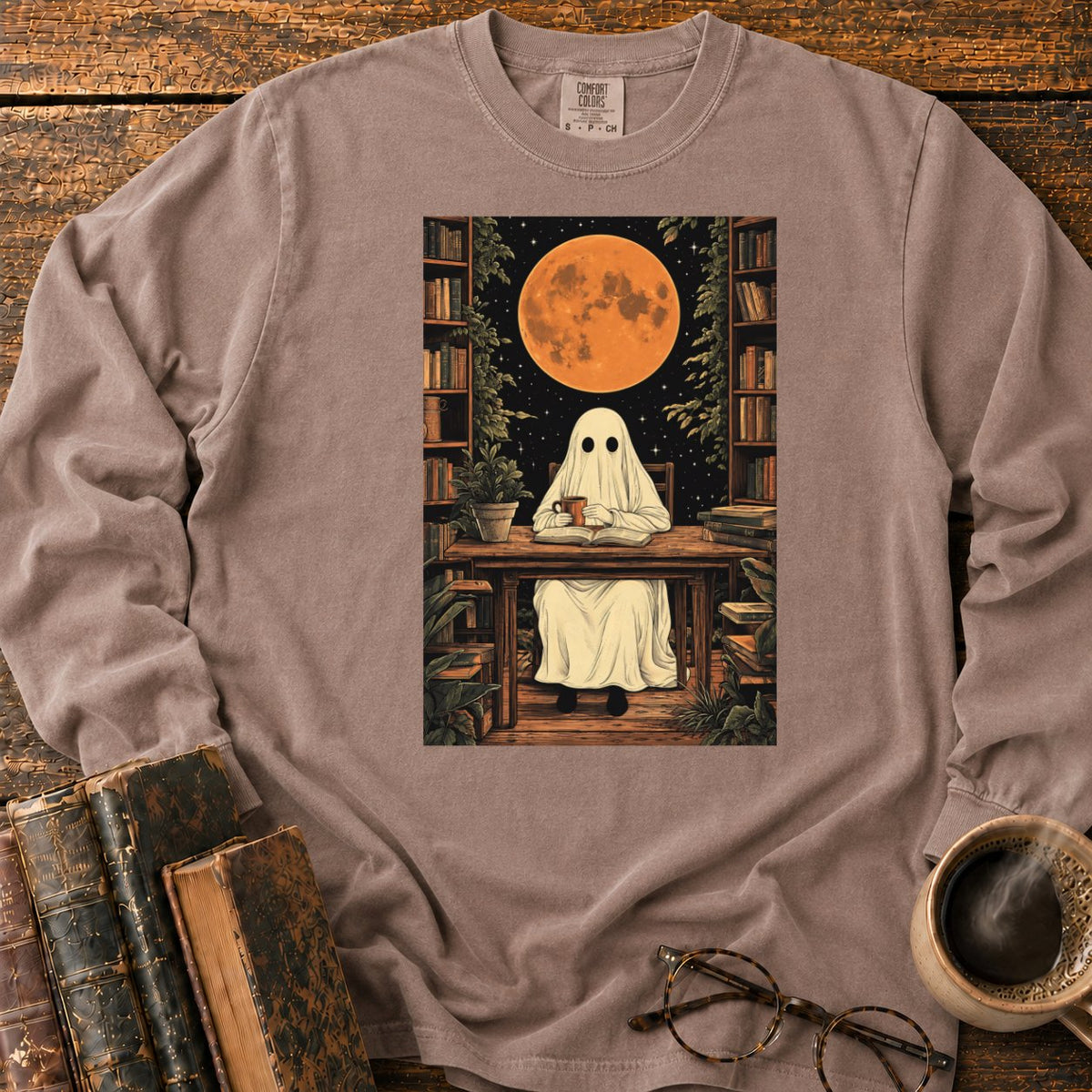 Ghost Reading Moon Library LS T-Shirt in Espresso – BooksThreads