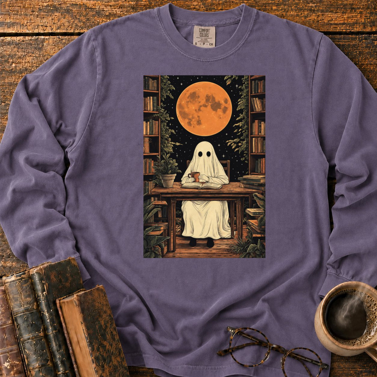 Ghost Reading Moon Library LS T-Shirt in Grape – BooksThreads