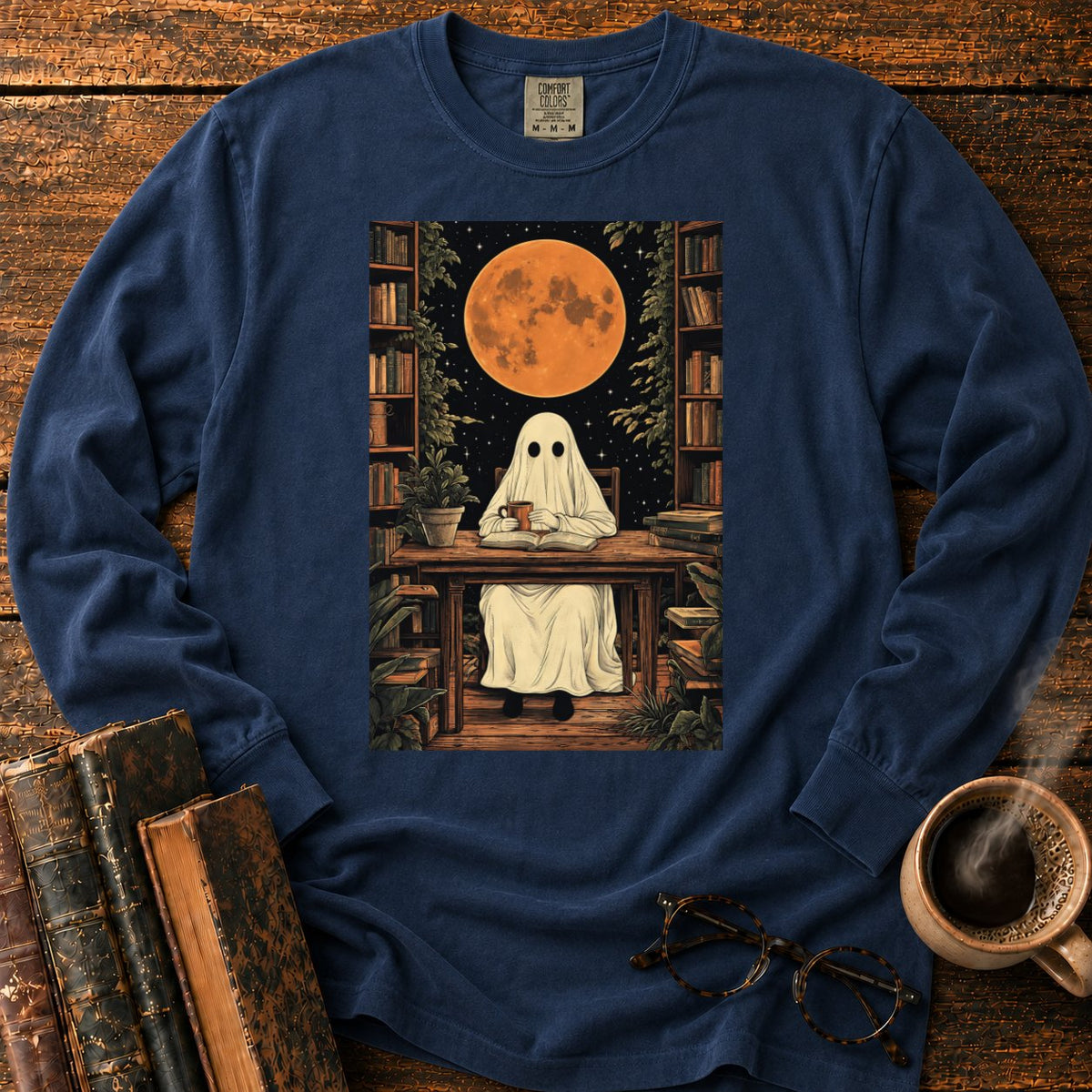 Ghost Reading Moon Library LS T-Shirt in Midnight – BooksThreads