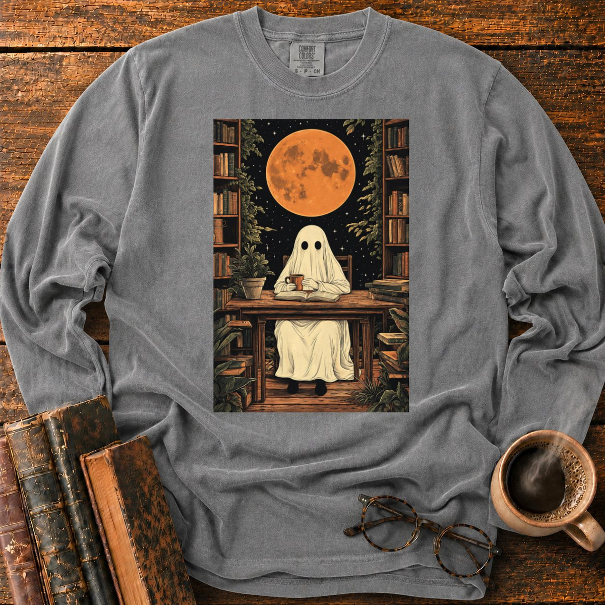 Ghost Reading Moon Library LS T-Shirt in Pepper – BooksThreads