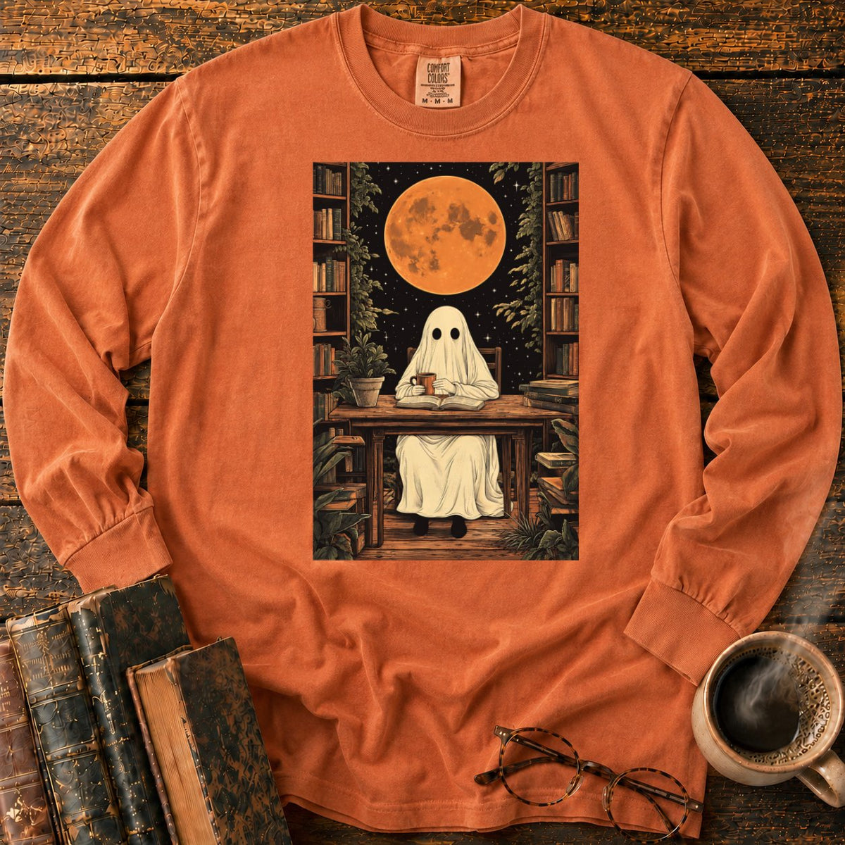 Ghost Reading Moon Library LS T-Shirt in Yam – BooksThreads
