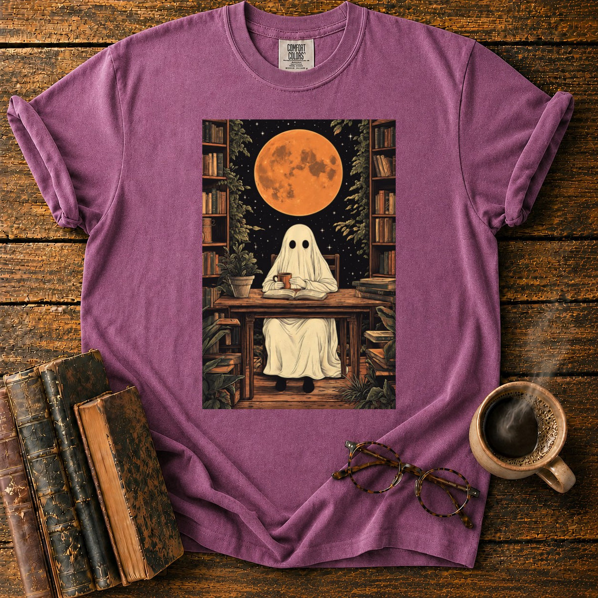 Ghost Reading Moon Library T-Shirt in Berry – BooksThreads