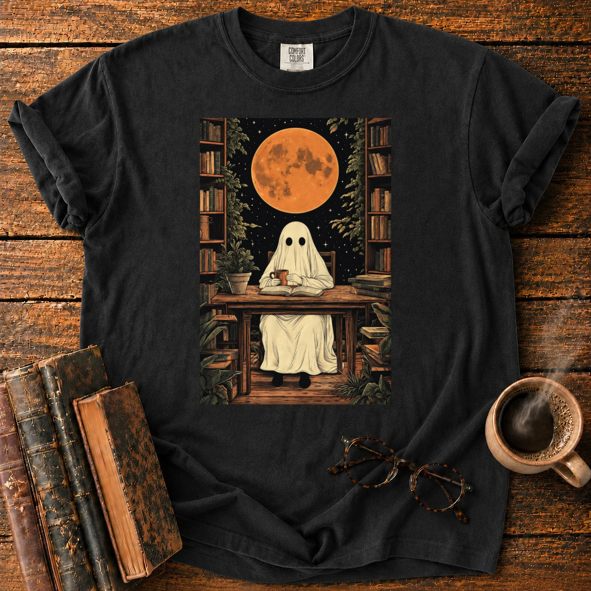 Ghost Reading Moon Library T-Shirt in Black – BooksThreads
