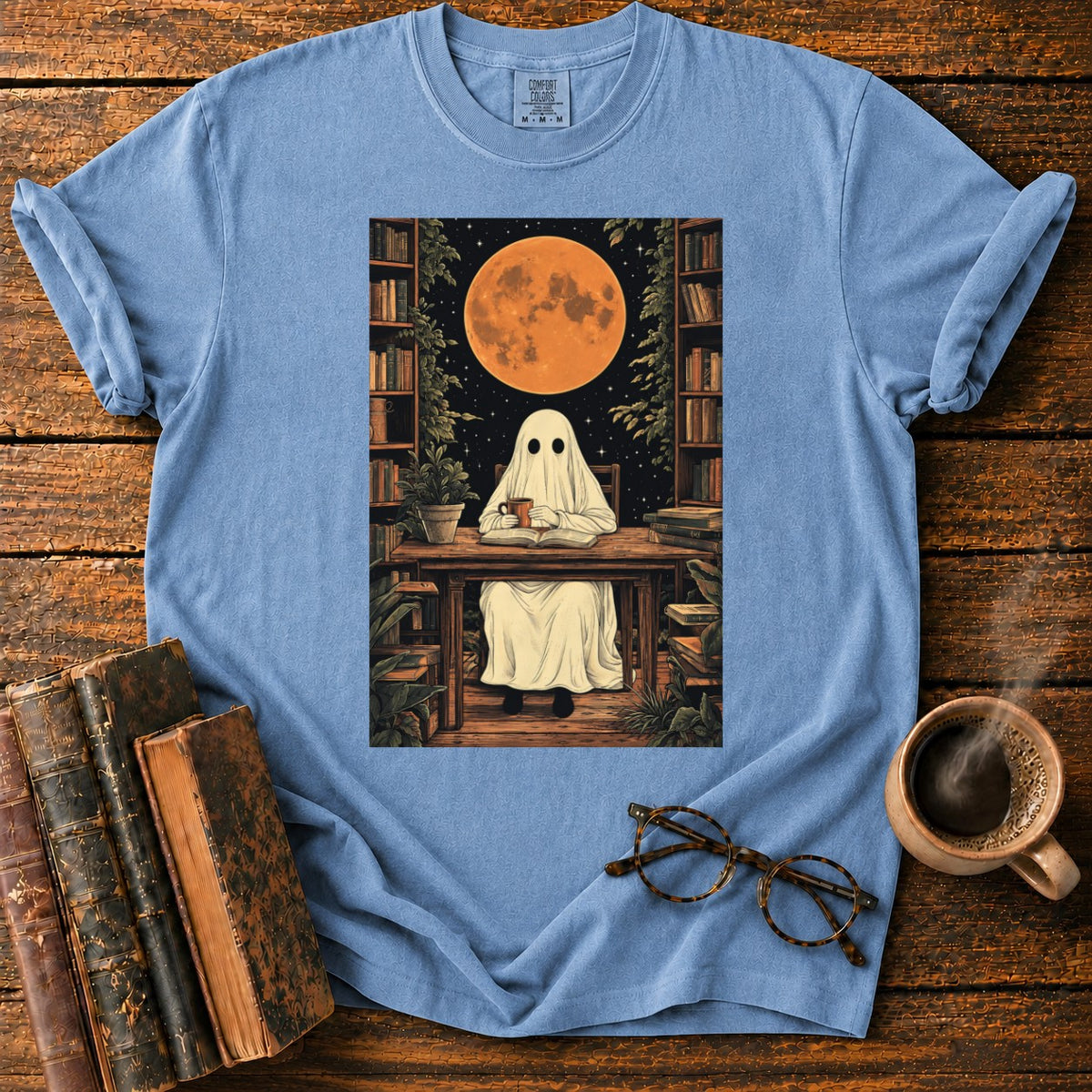 Ghost Reading Moon Library T-Shirt in Blue Jean – BooksThreads
