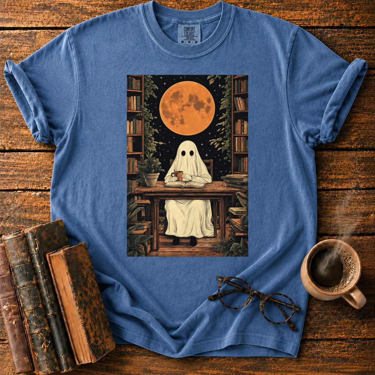 Ghost Reading Moon Library T-Shirt in Denim – BooksThreads