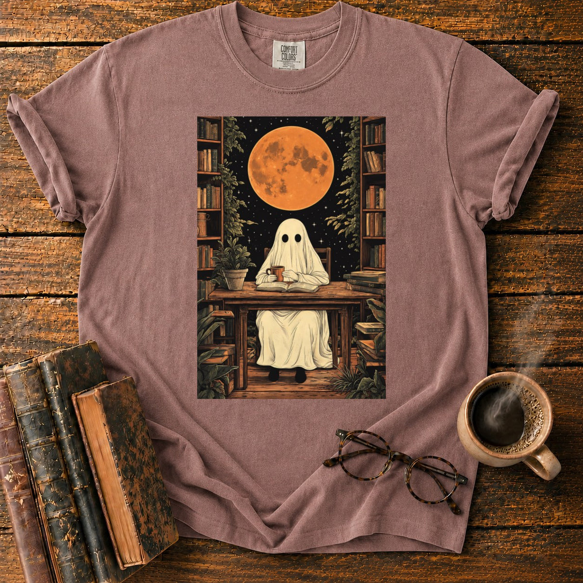 Ghost Reading Moon Library T-Shirt in Espresso – BooksThreads