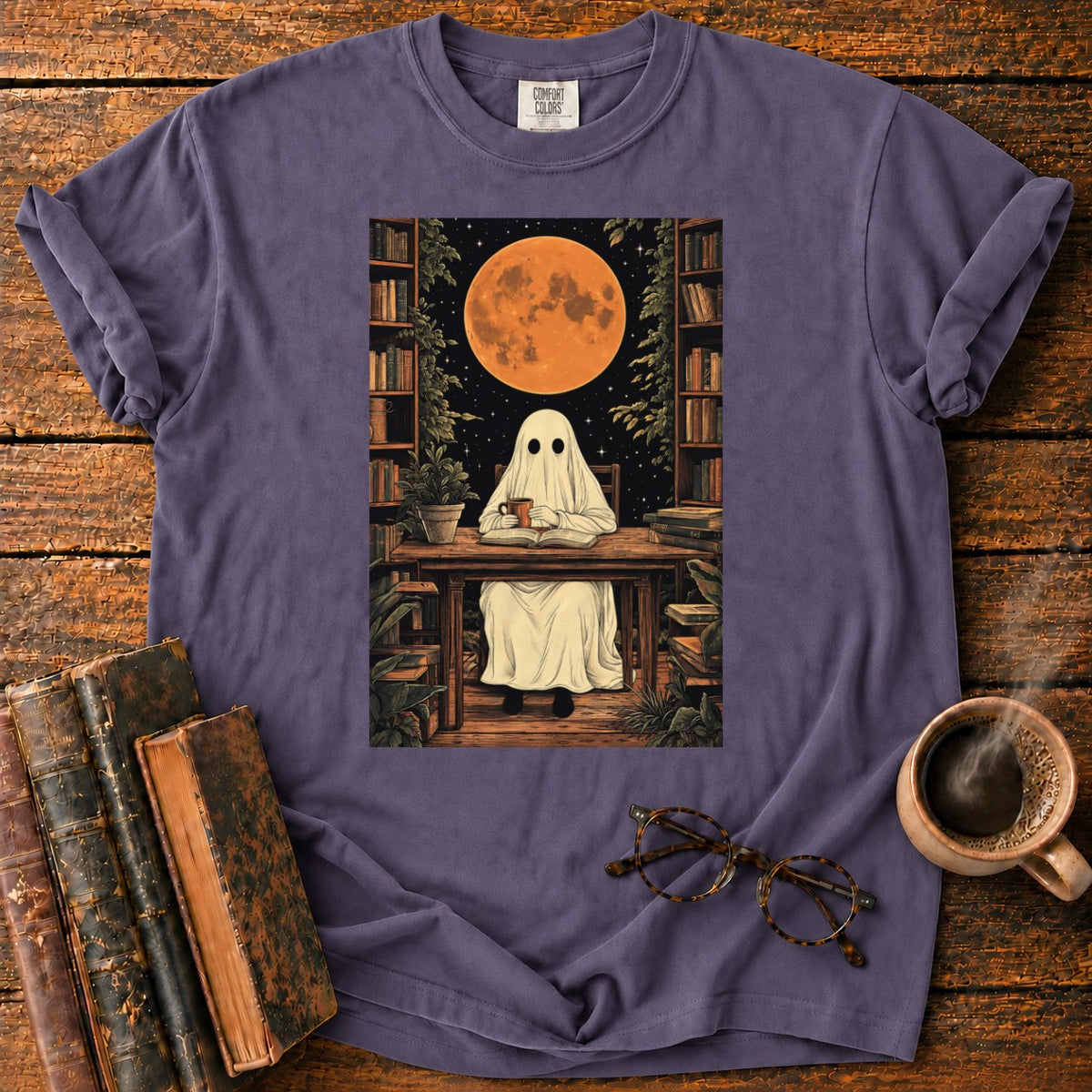 Ghost Reading Moon Library T-Shirt in Grape – BooksThreads