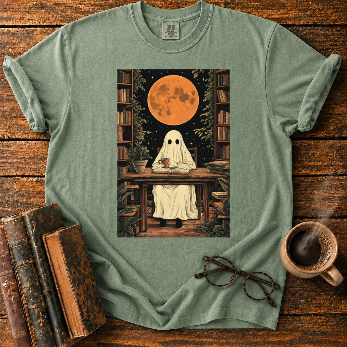 Ghost Reading Moon Library T-Shirt in Moss – BooksThreads