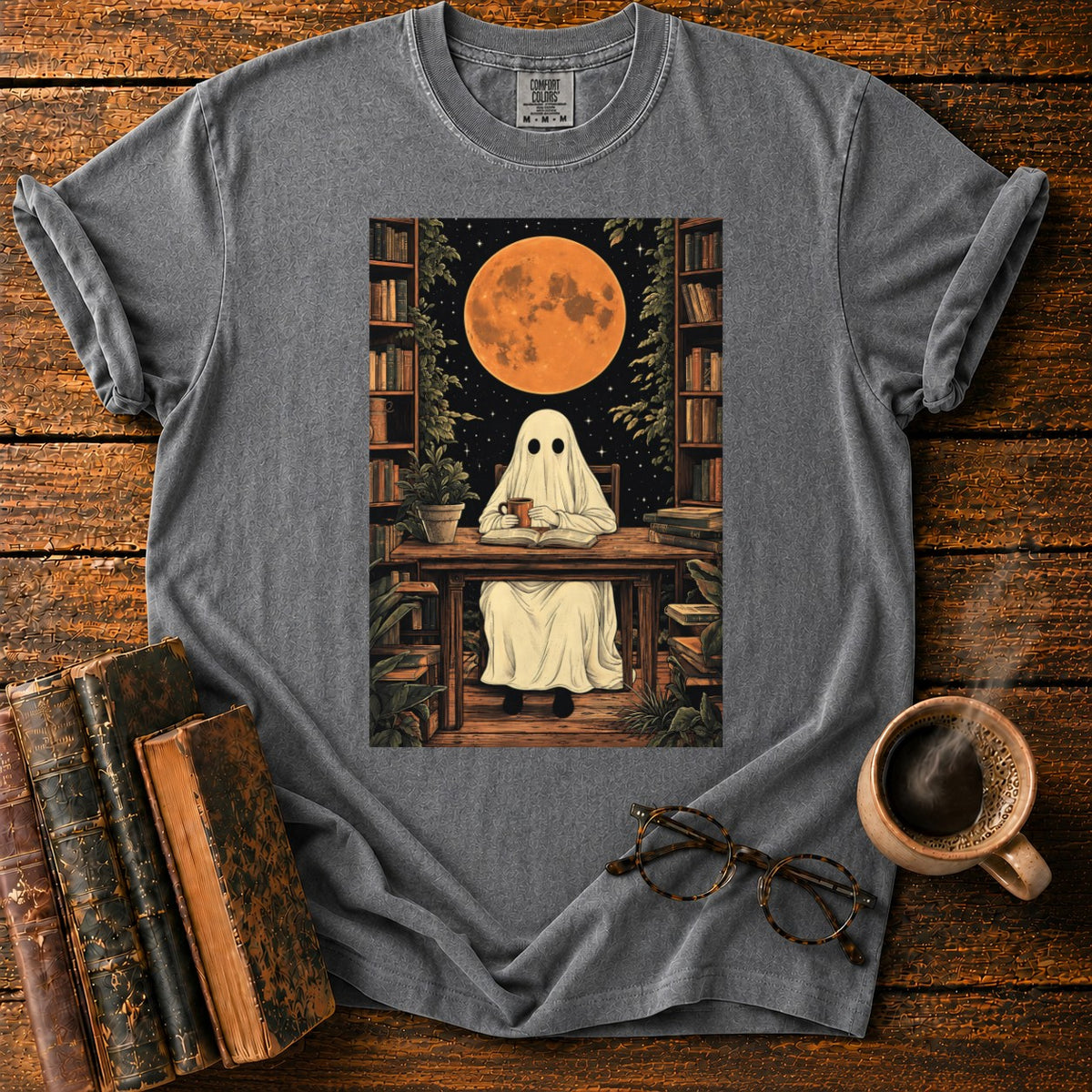 Ghost Reading Moon Library T-Shirt in Pepper – BooksThreads