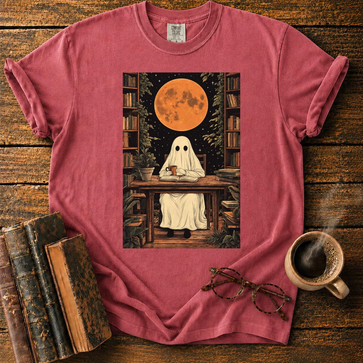 Ghost Reading Moon Library T-Shirt in Watermelon – BooksThreads