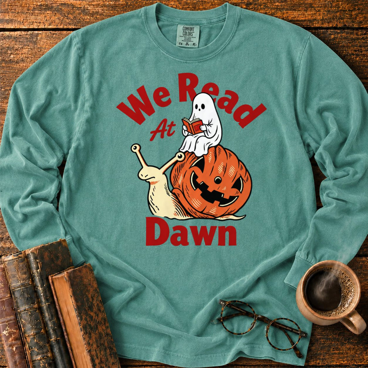 Ghost Reading On Pumpkin Snail LS T-Shirt in Light Green – BooksThreads