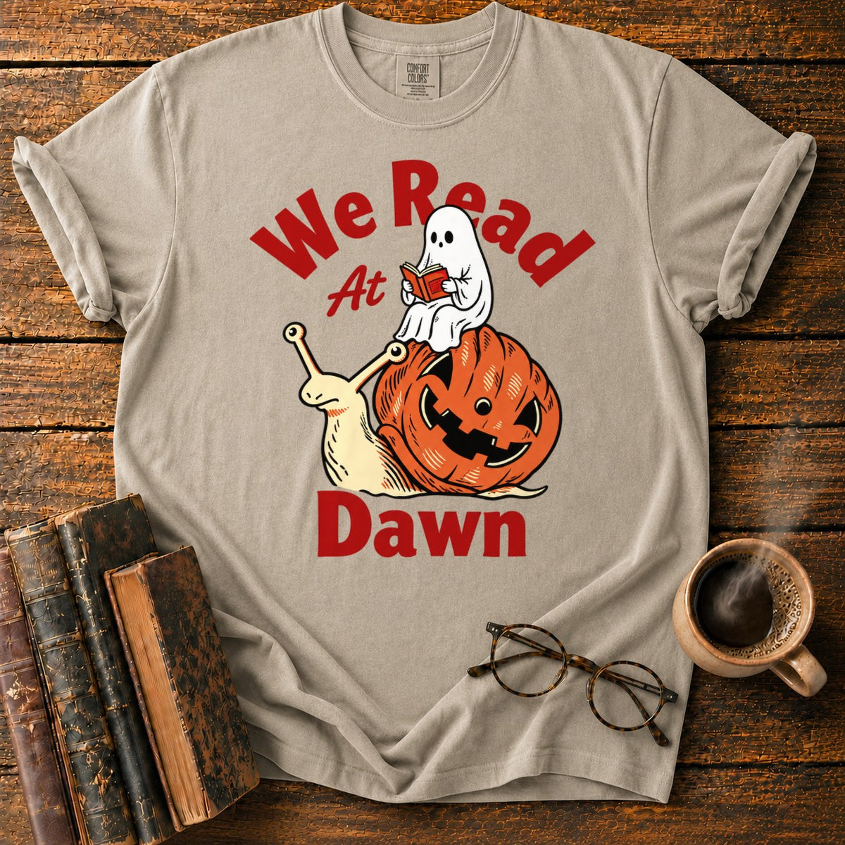Ghost Reading On Pumpkin Snail T-Shirt in Khaki – BooksThreads
