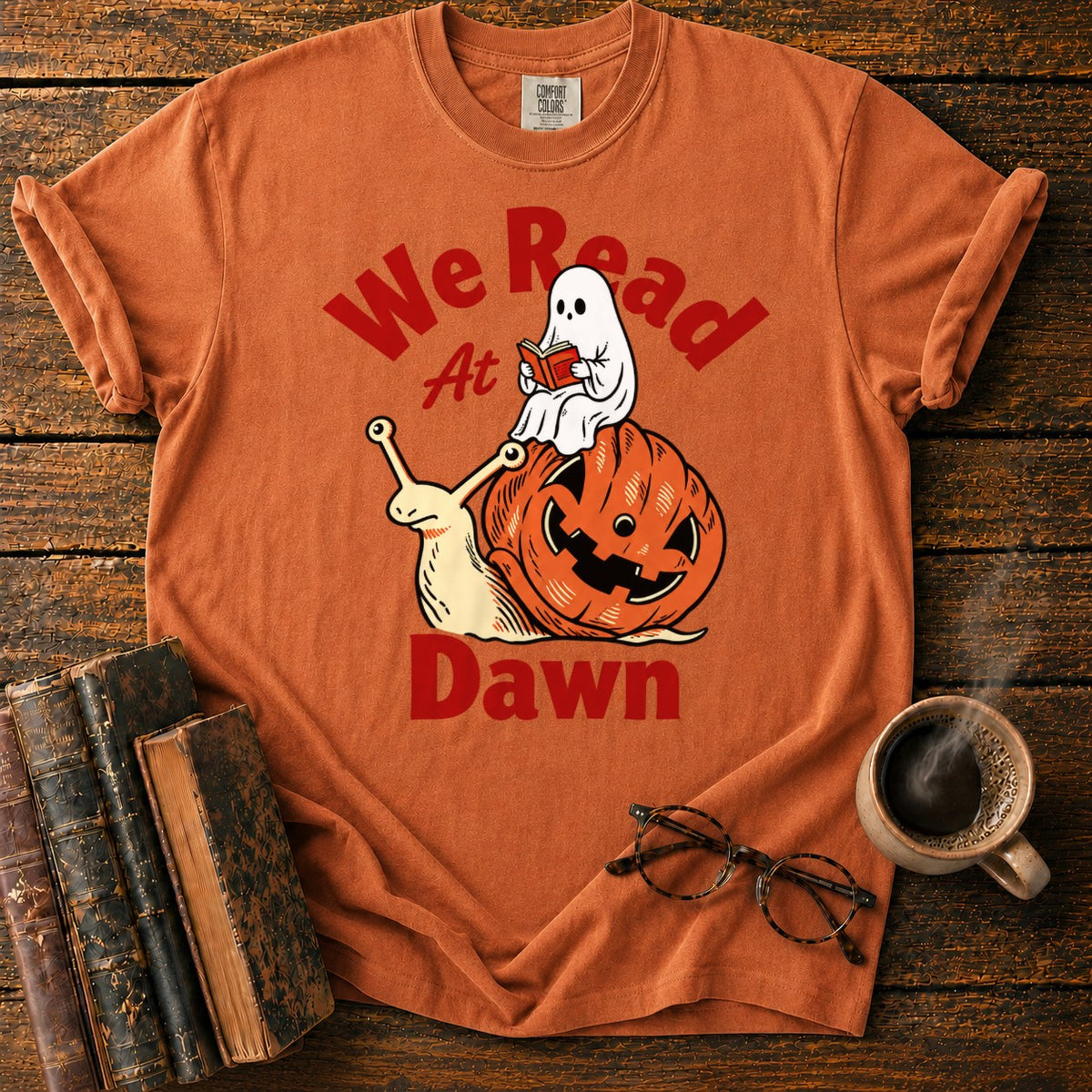 Ghost Reading On Pumpkin Snail T-Shirt in Yam – BooksThreads