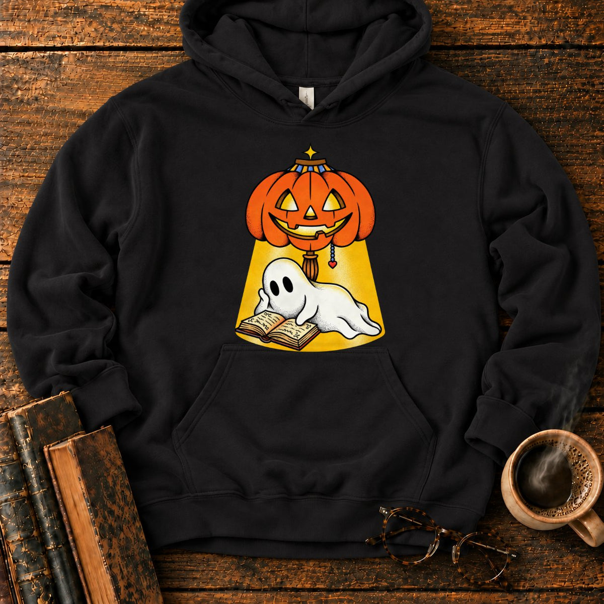 Ghost Reading Under A Pumpkin Lamp Hoodie in Black – BooksThreads