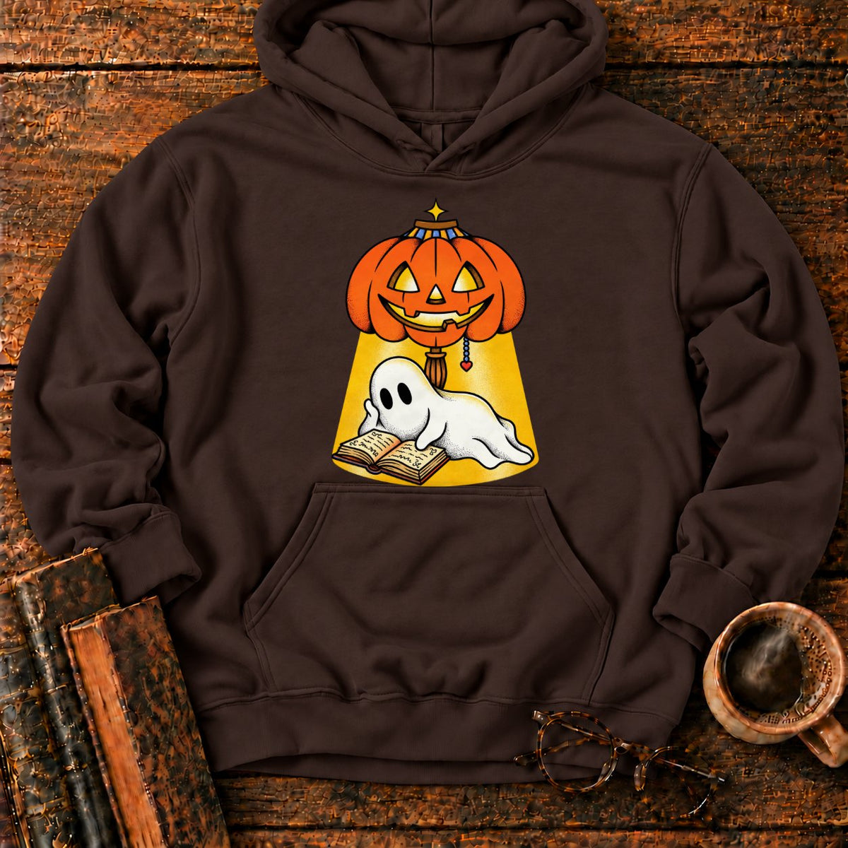 Ghost Reading Under A Pumpkin Lamp Hoodie in Dark Chocolate – BooksThreads