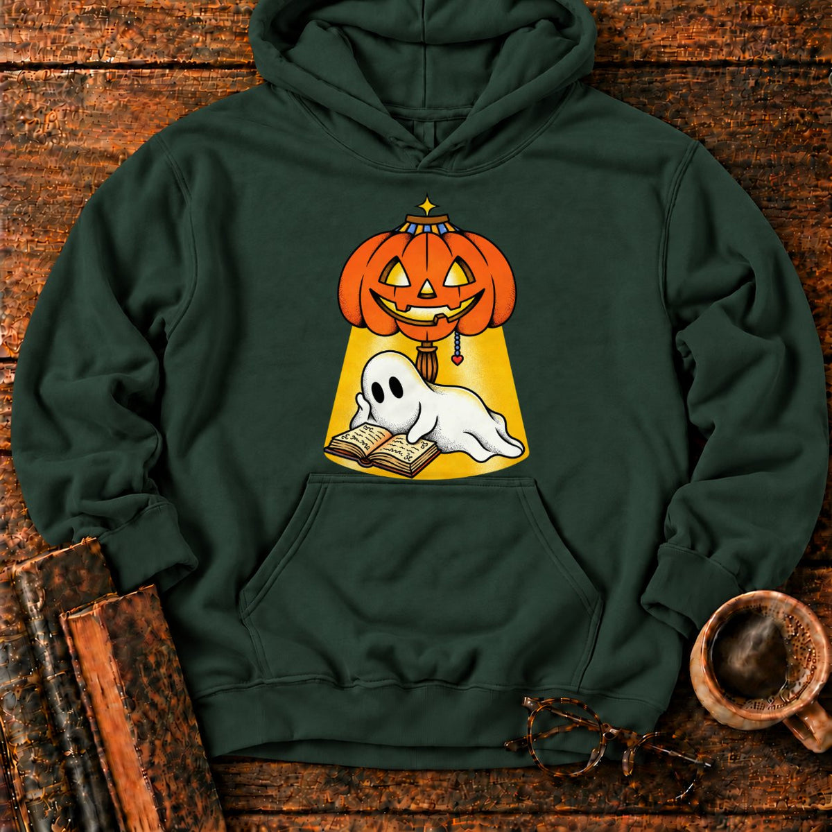 Ghost Reading Under A Pumpkin Lamp Hoodie in Forest Green – BooksThreads