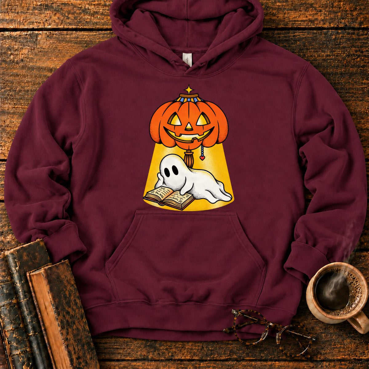 Ghost Reading Under A Pumpkin Lamp Hoodie in Maroon – BooksThreads