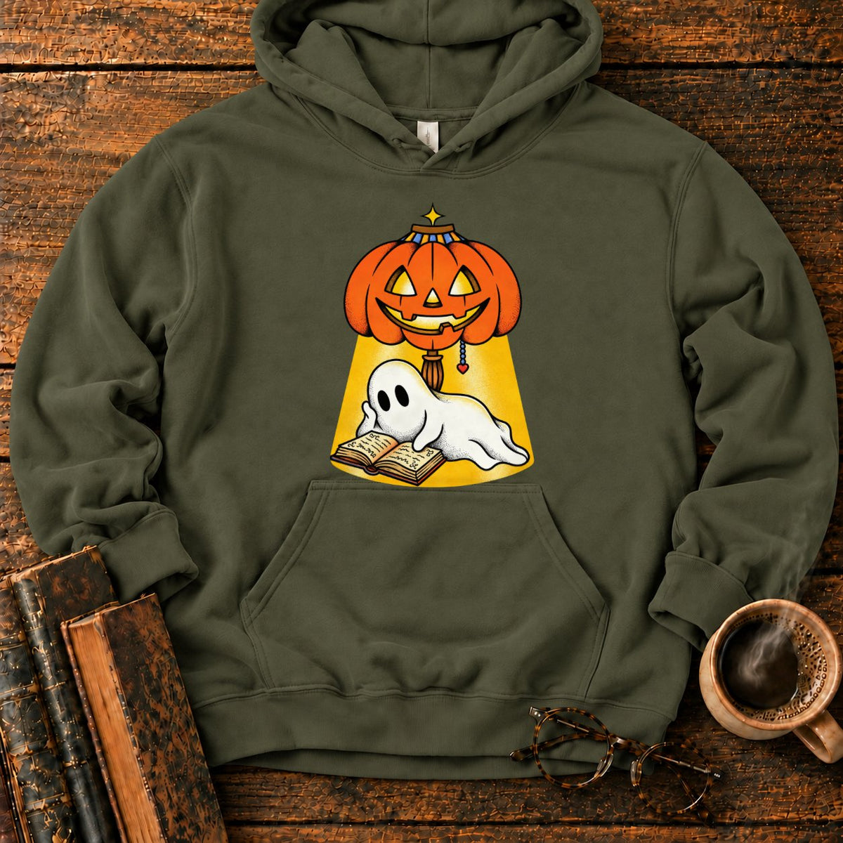 Ghost Reading Under A Pumpkin Lamp Hoodie in Military Green – BooksThreads