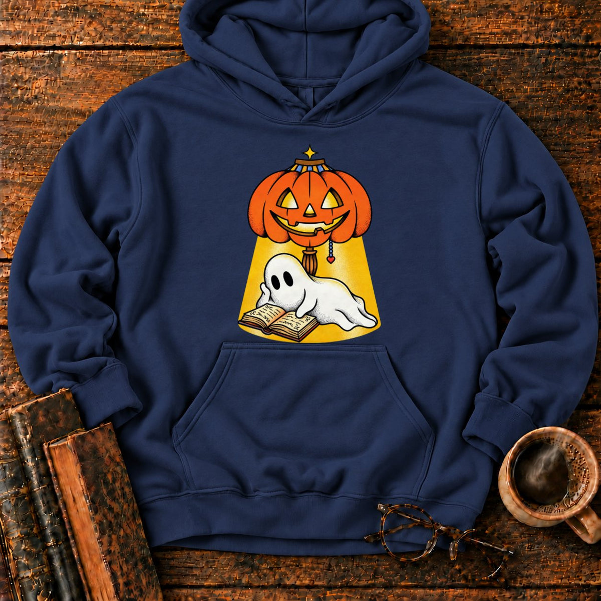 Ghost Reading Under A Pumpkin Lamp Hoodie in Navy – BooksThreads