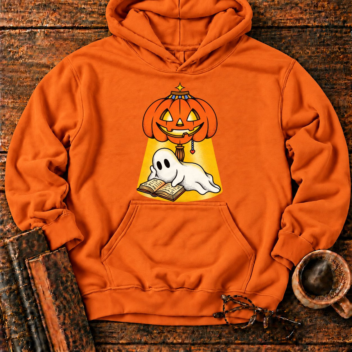 Ghost Reading Under A Pumpkin Lamp Hoodie in Orange – BooksThreads