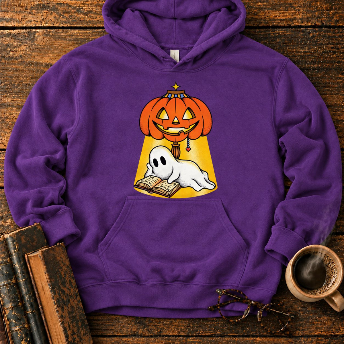 Ghost Reading Under A Pumpkin Lamp Hoodie in Purple – BooksThreads