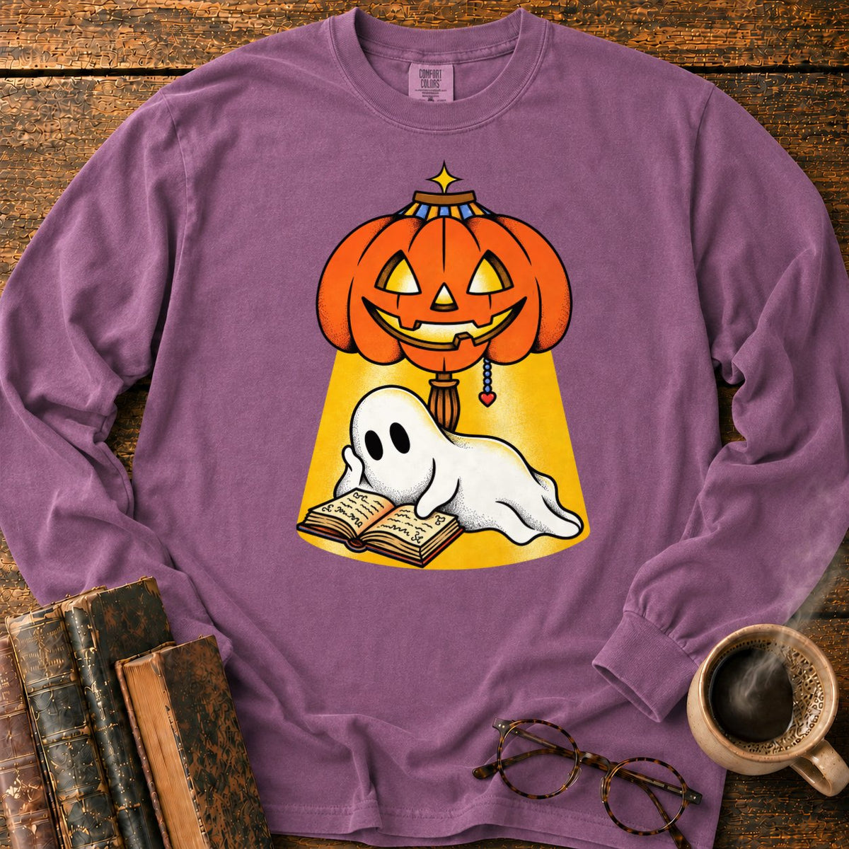 Ghost Reading Under A Pumpkin Lamp LS T-Shirt in Berry – BooksThreads