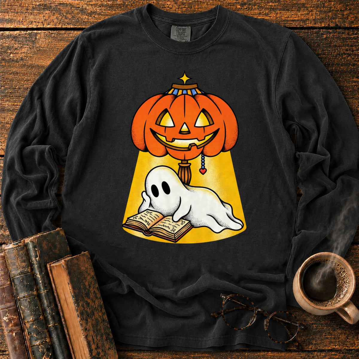 Ghost Reading Under A Pumpkin Lamp LS T-Shirt in Black – BooksThreads