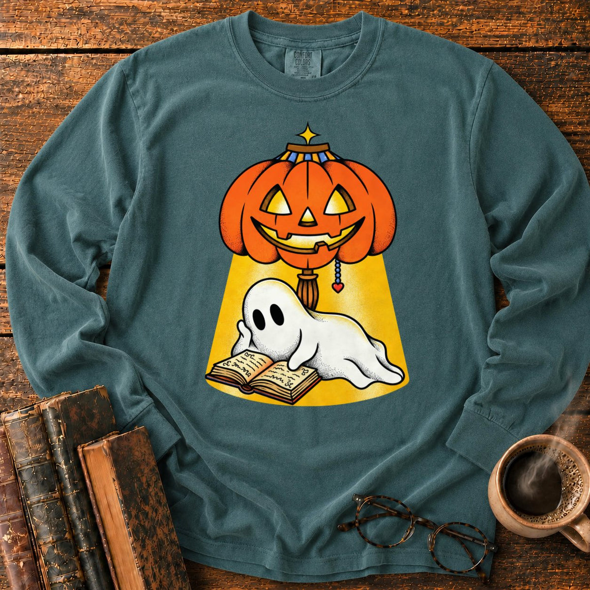 Ghost Reading Under A Pumpkin Lamp LS T-Shirt in Blue Spruce – BooksThreads