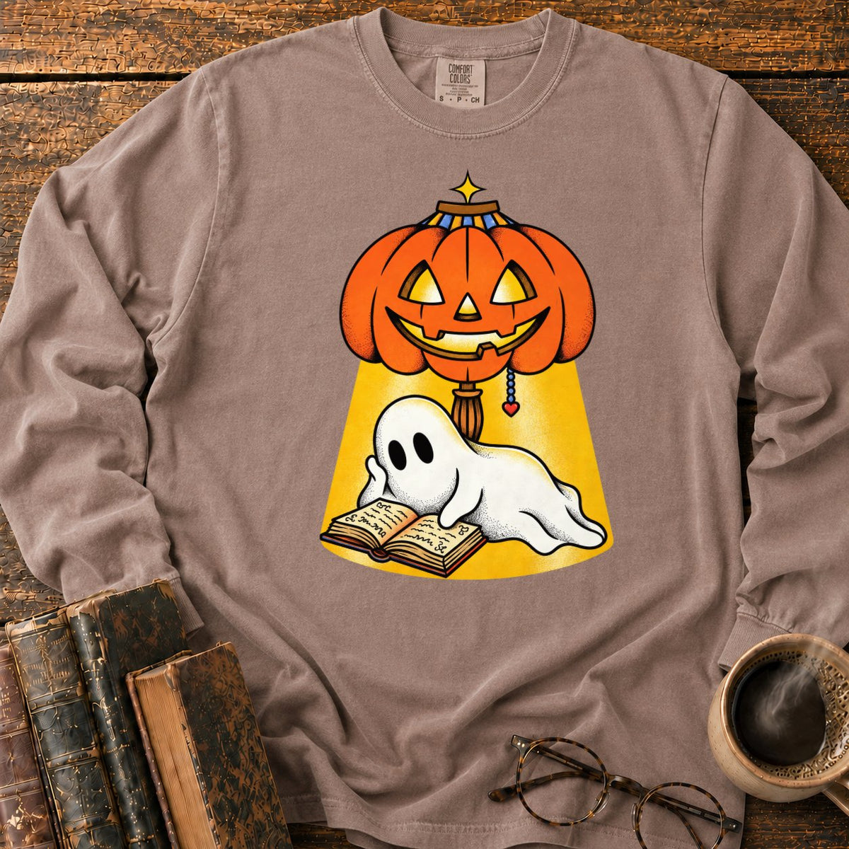 Ghost Reading Under A Pumpkin Lamp LS T-Shirt in Espresso – BooksThreads