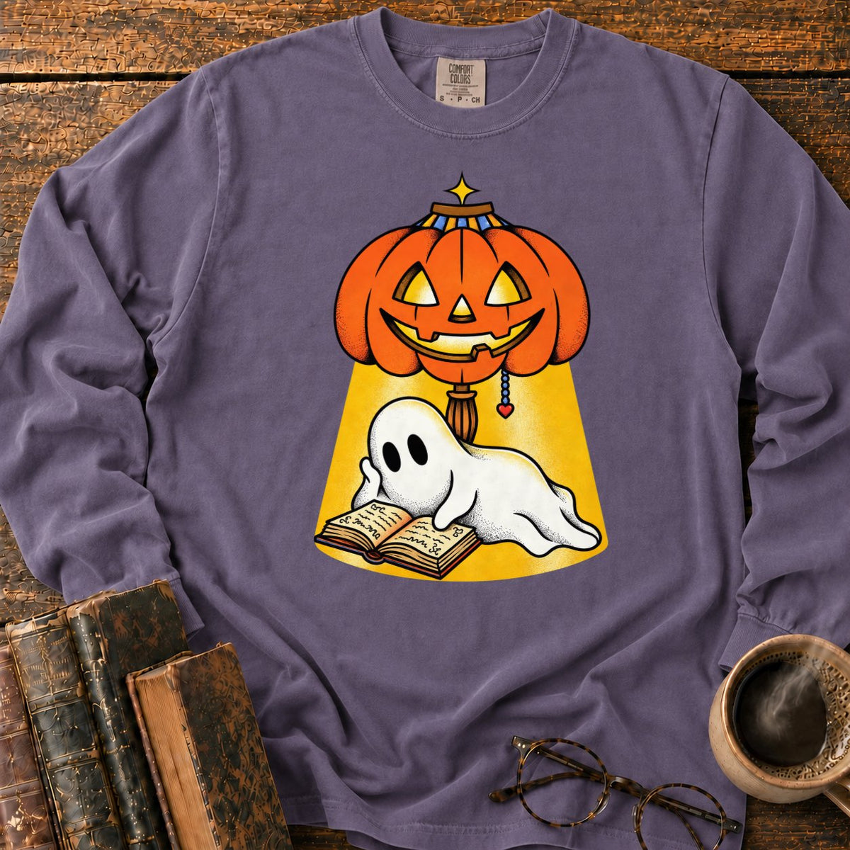 Ghost Reading Under A Pumpkin Lamp LS T-Shirt in Grape – BooksThreads
