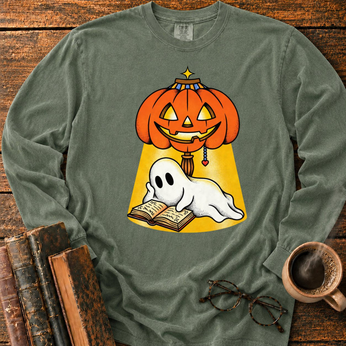 Ghost Reading Under A Pumpkin Lamp LS T-Shirt in Hemp – BooksThreads