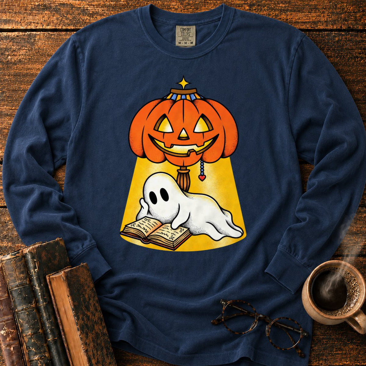 Ghost Reading Under A Pumpkin Lamp LS T-Shirt in Midnight – BooksThreads