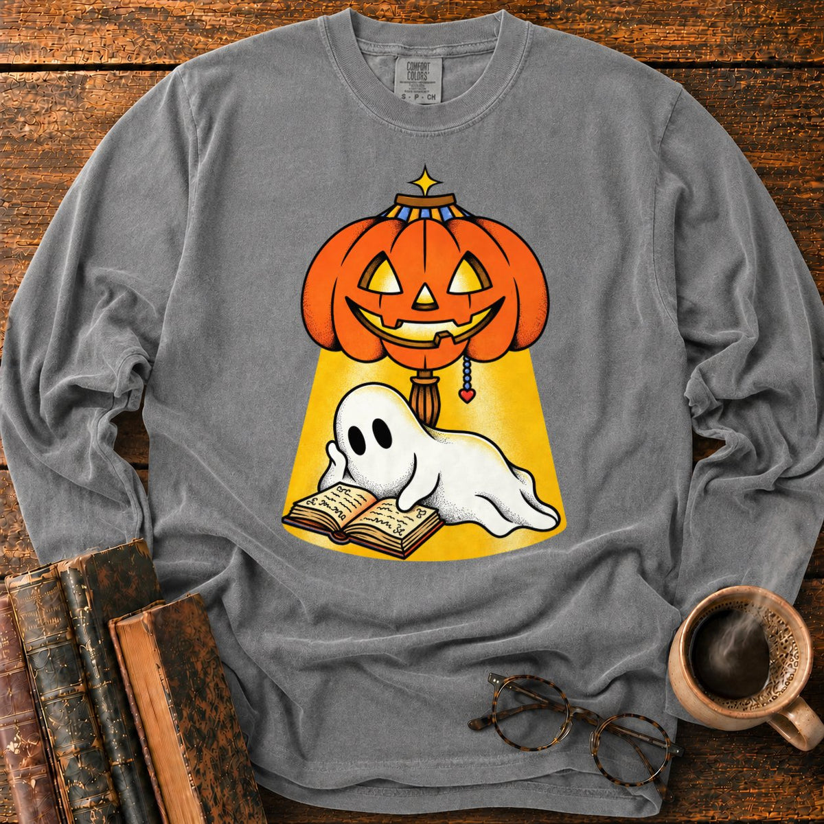 Ghost Reading Under A Pumpkin Lamp LS T-Shirt in Pepper – BooksThreads
