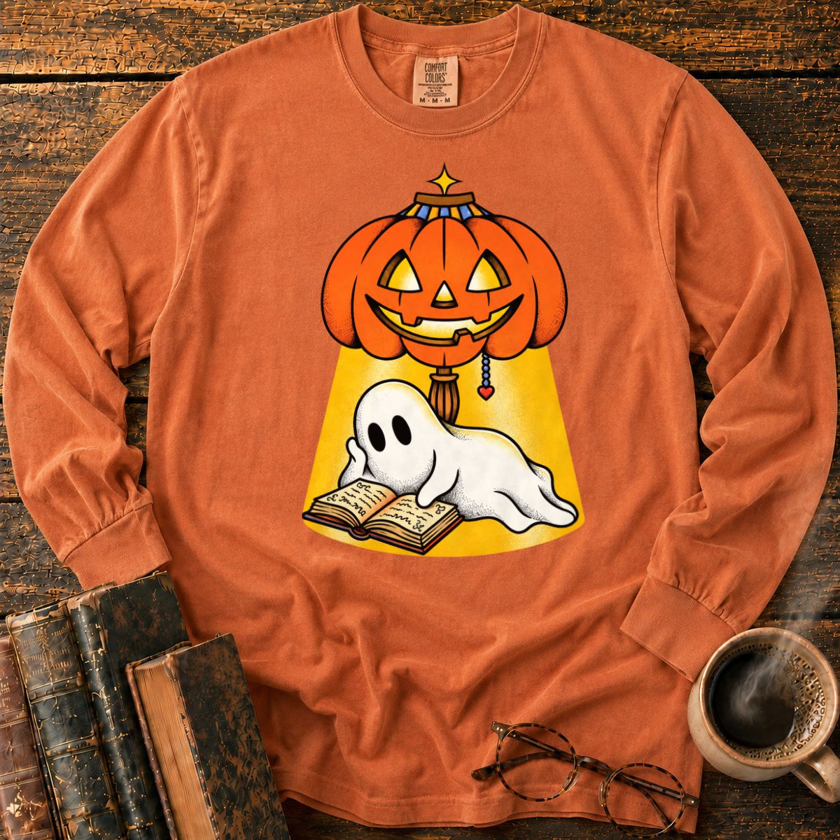 Ghost Reading Under A Pumpkin Lamp LS T-Shirt in Yam – BooksThreads