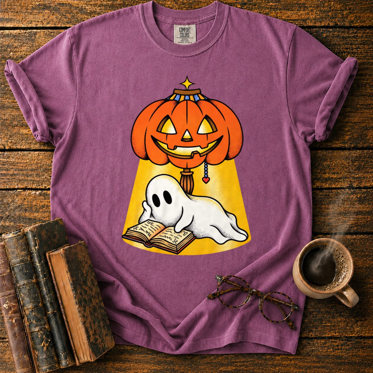 Ghost Reading Under A Pumpkin Lamp T-Shirt in Berry – BooksThreads