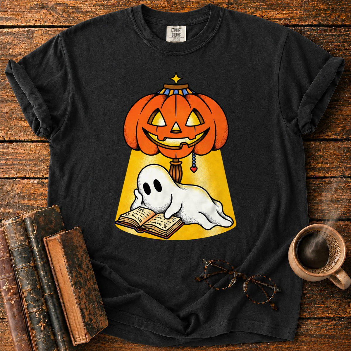 Ghost Reading Under A Pumpkin Lamp T-Shirt in Black – BooksThreads