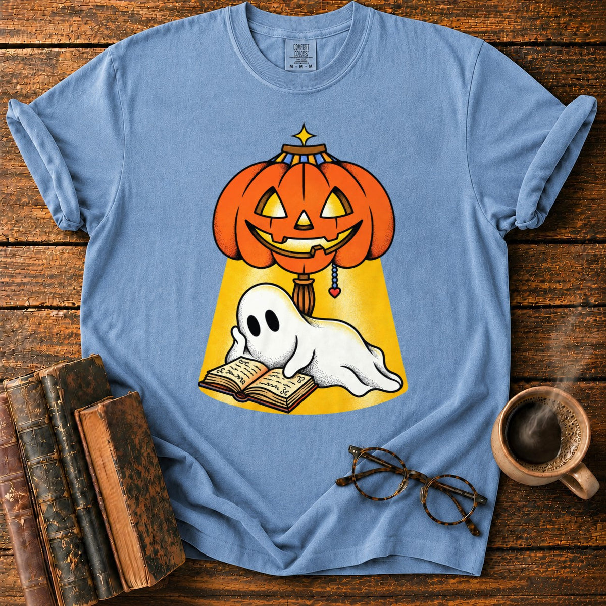 Ghost Reading Under A Pumpkin Lamp T-Shirt in Blue Jean – BooksThreads