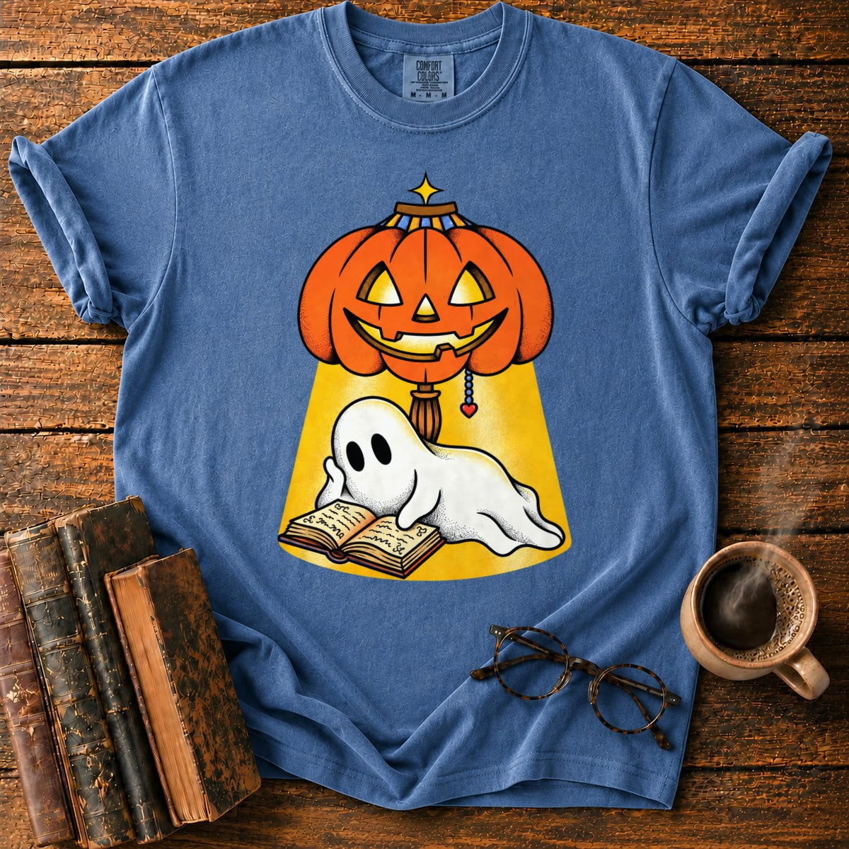 Ghost Reading Under A Pumpkin Lamp T-Shirt in Denim – BooksThreads