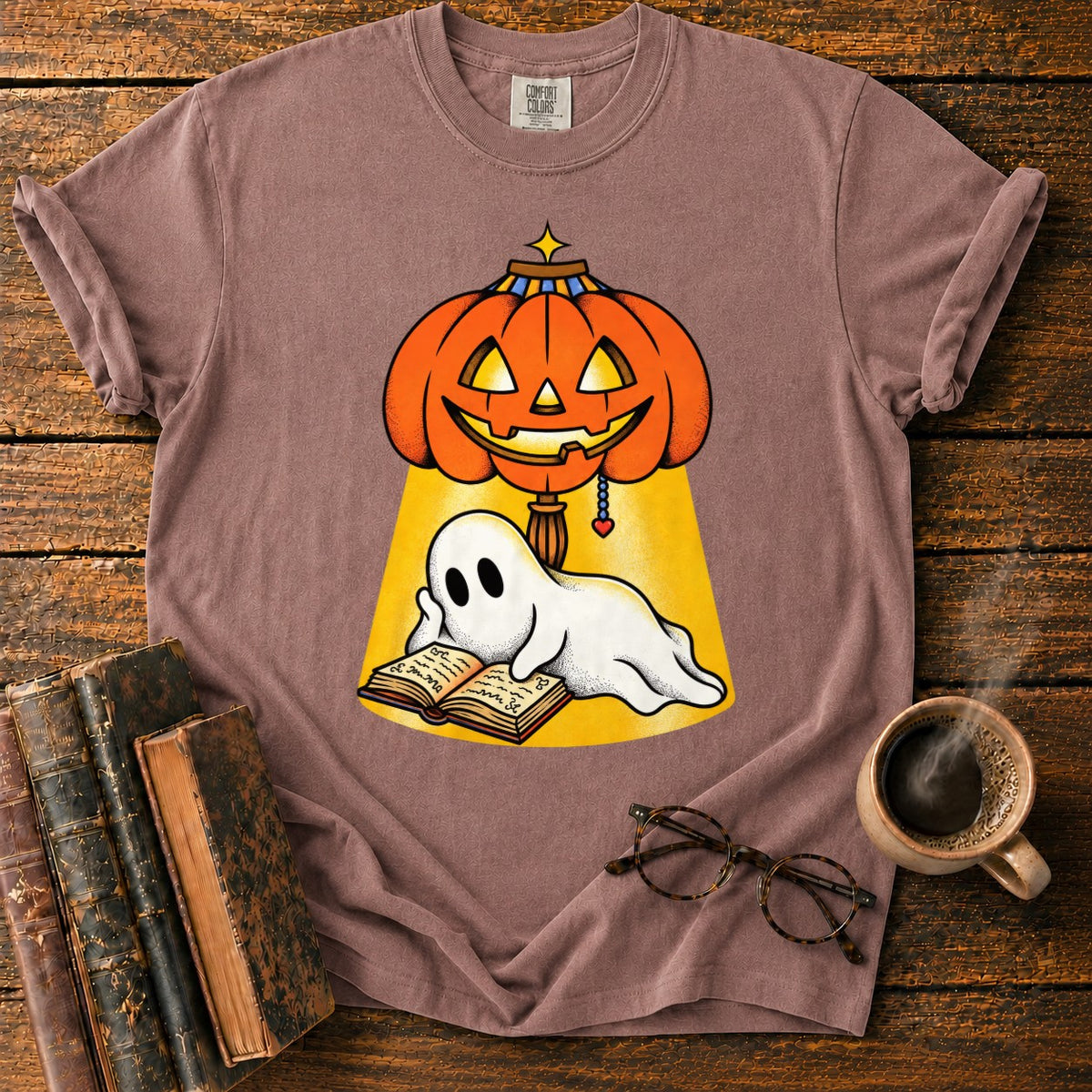 Ghost Reading Under A Pumpkin Lamp T-Shirt in Espresso – BooksThreads
