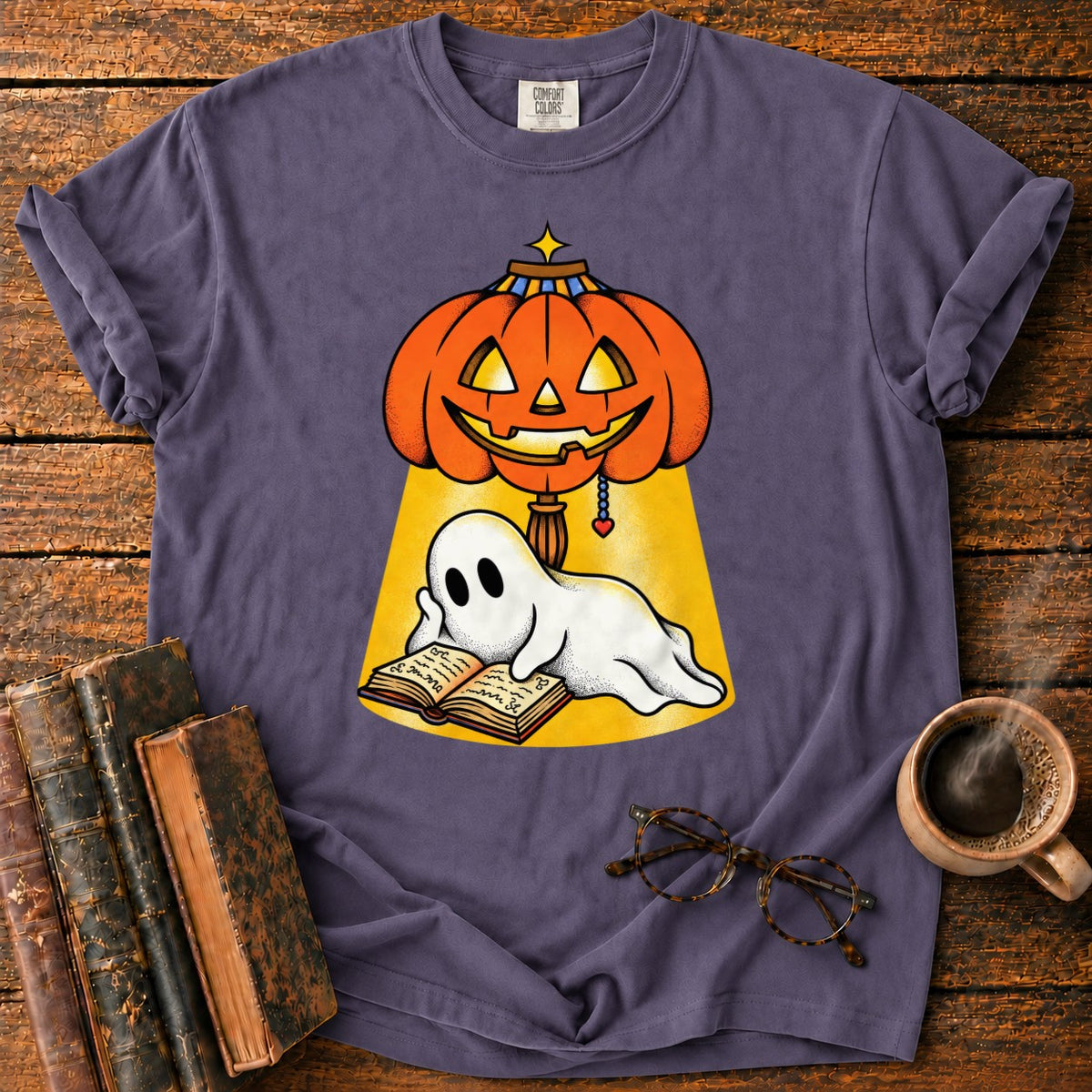 Ghost Reading Under A Pumpkin Lamp T-Shirt in Grape – BooksThreads