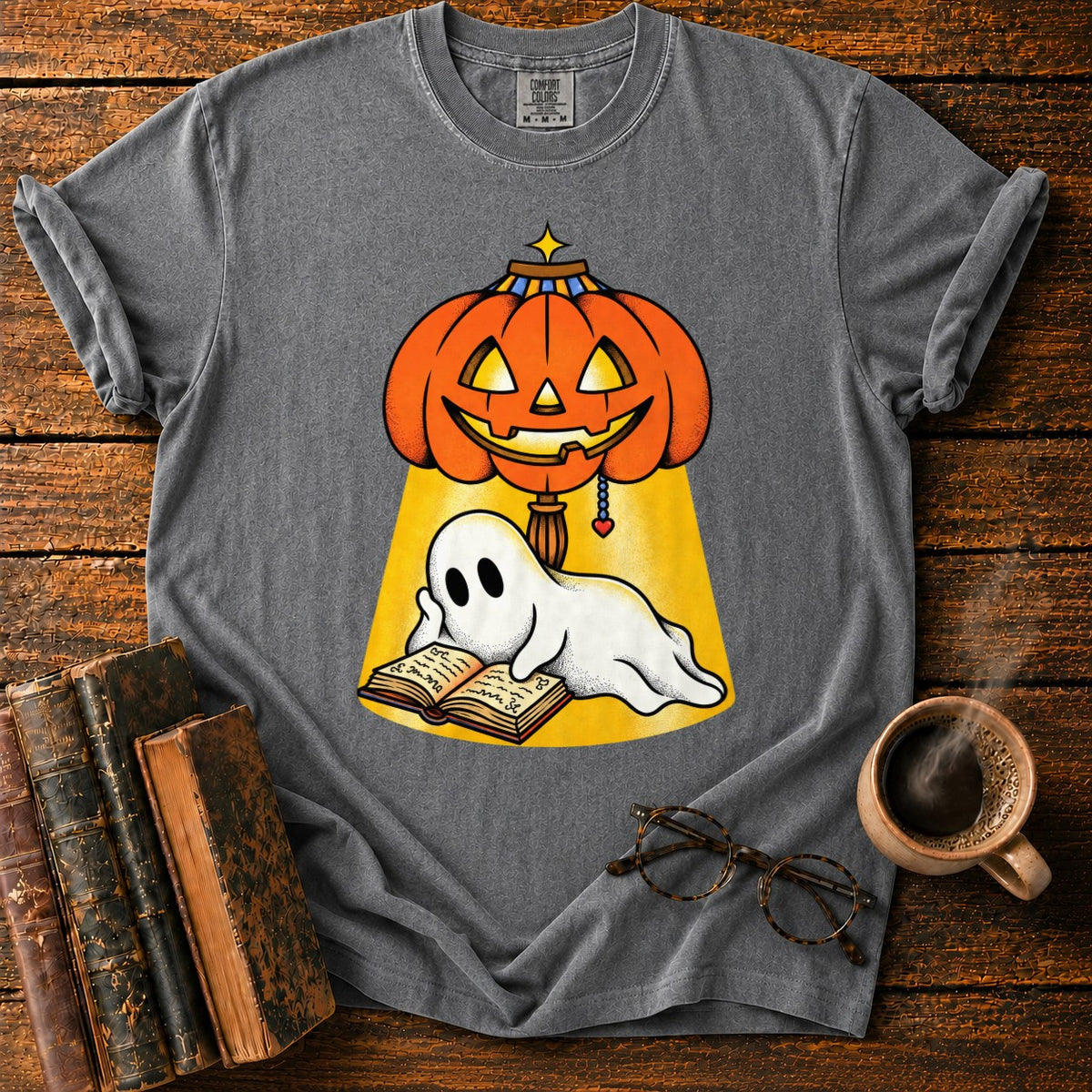 Ghost Reading Under A Pumpkin Lamp T-Shirt in Pepper – BooksThreads