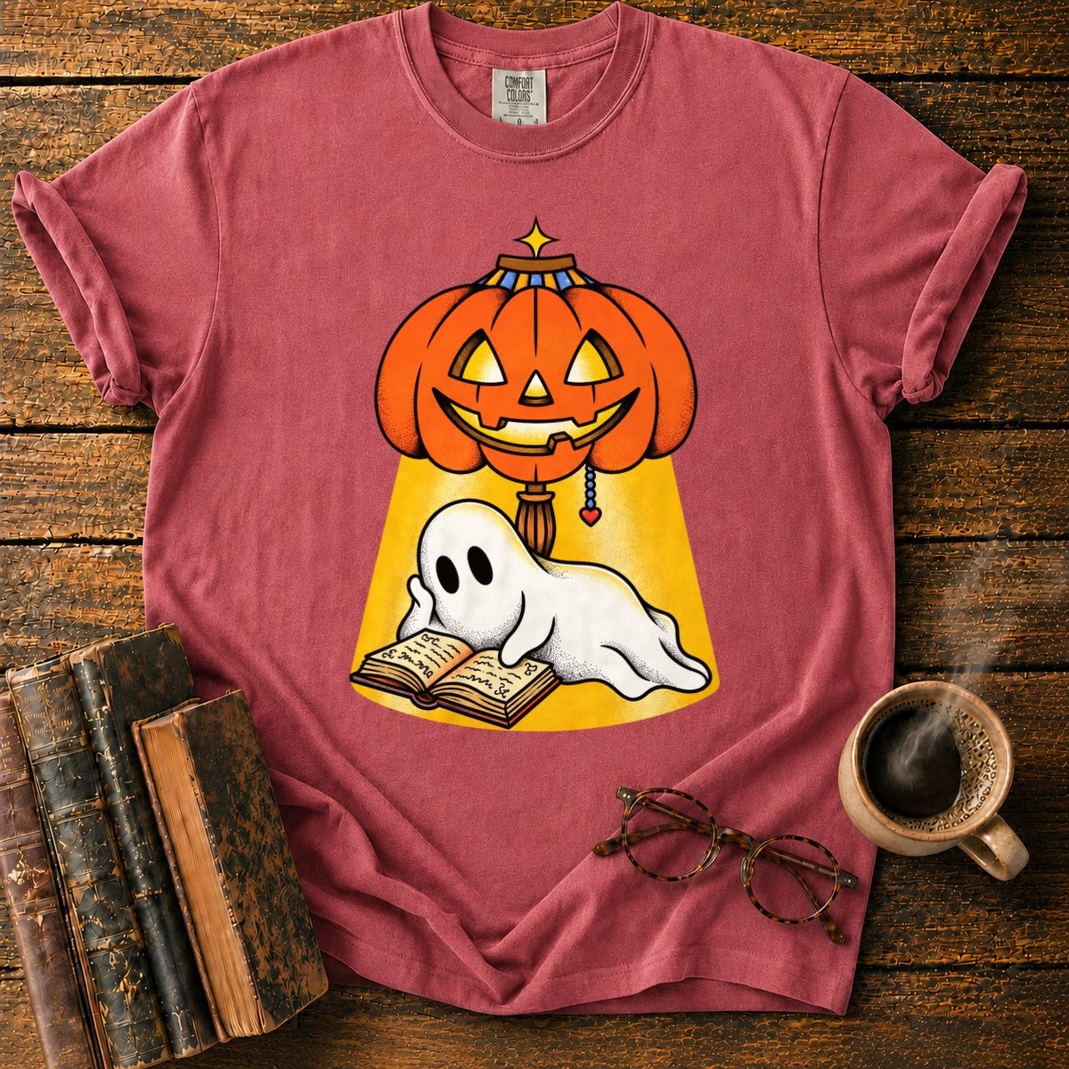 Ghost Reading Under A Pumpkin Lamp T-Shirt in Watermelon – BooksThreads