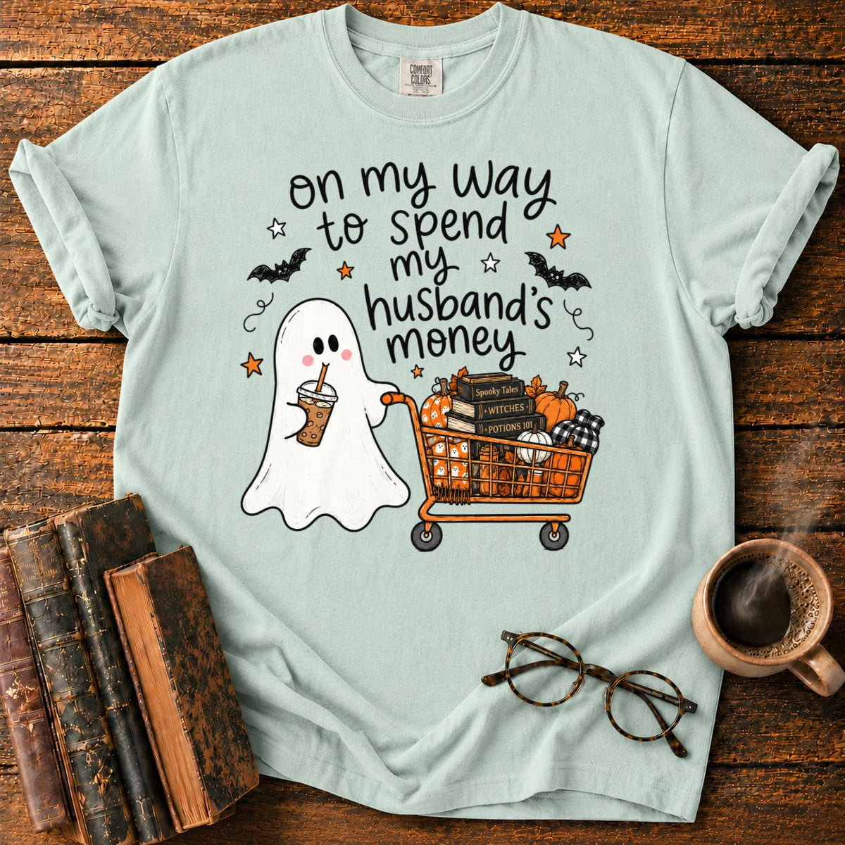 Ghost’s Halloween Shopping Spree T-Shirt in Bay – BooksThreads