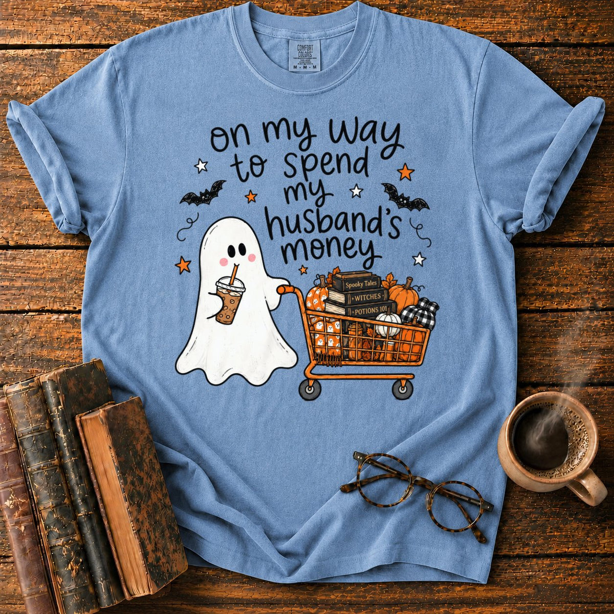 Ghost’s Halloween Shopping Spree T-Shirt in Blue Jean – BooksThreads