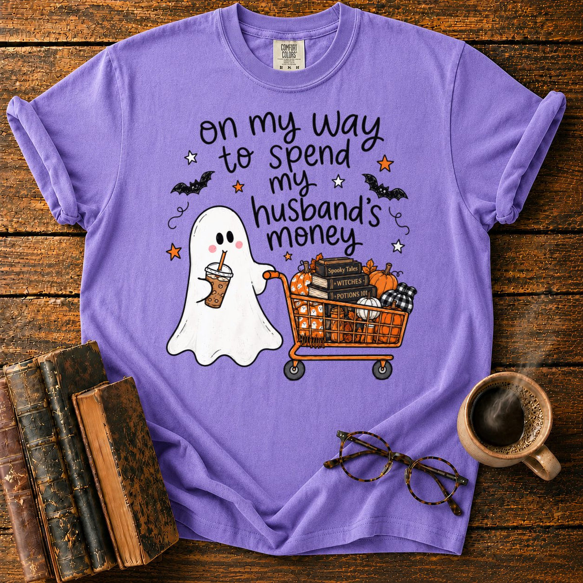 Ghost’s Halloween Shopping Spree T-Shirt in Violet – BooksThreads