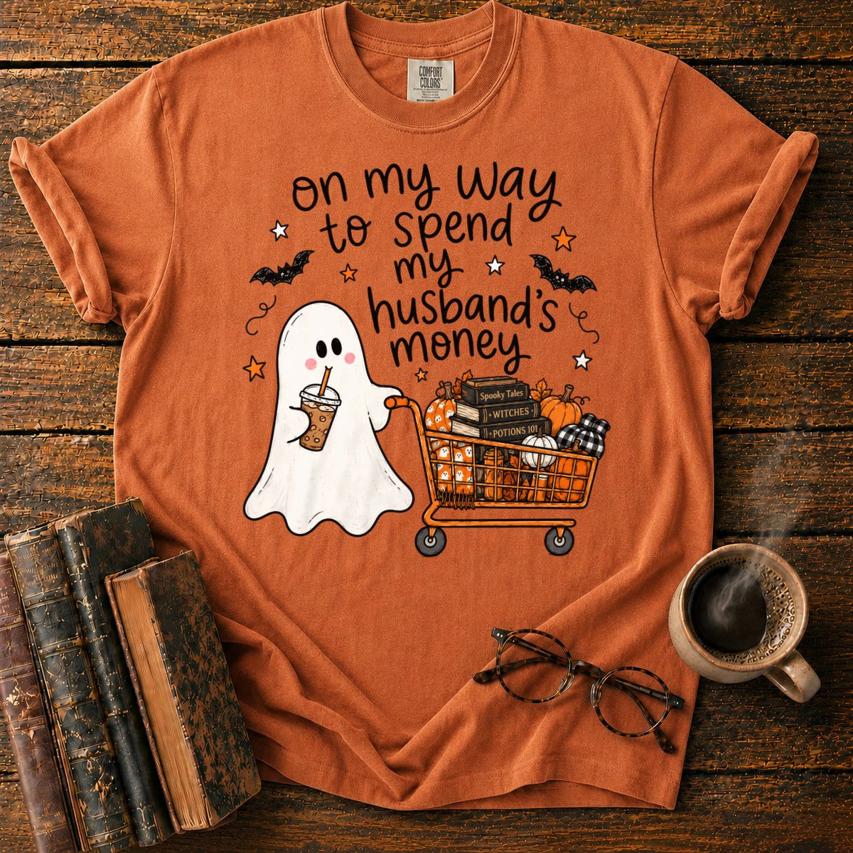 Ghost’s Halloween Shopping Spree T-Shirt in Yam – BooksThreads